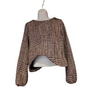 Line & Dot Black Tweed Puff Sleeve Assymetrical Crop Sweater Top Wool Blend Sz M